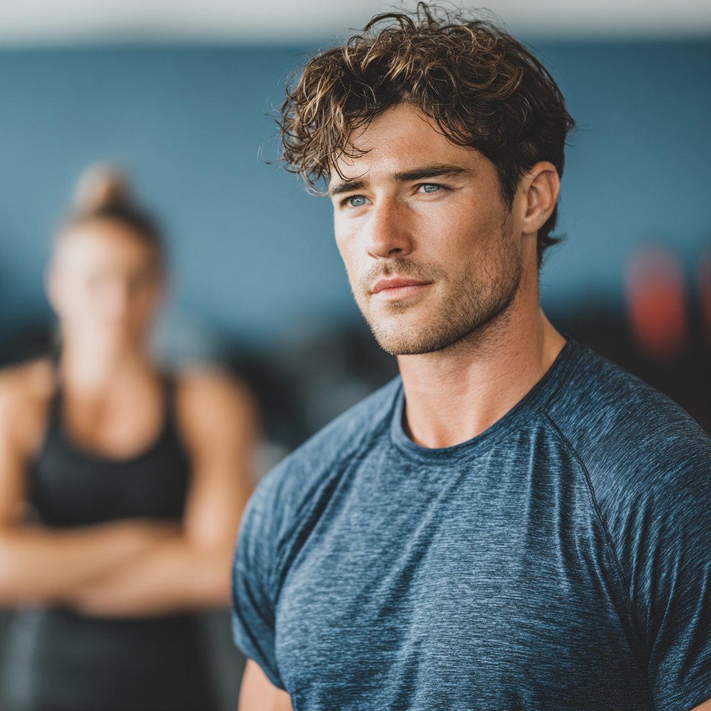 determined young man preparing for transformation journey in professional training environment